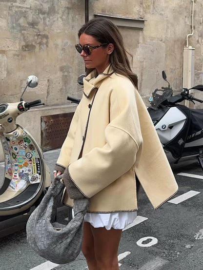 Woman Autumn Fashion Loose Coat Women Casual Coat Long Sleeve Turtleneck Single-Breasted Decorate Solid Street Style Jackets