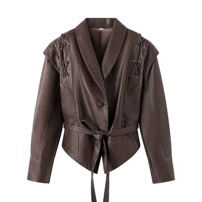 Manteau Ceinturé en Faux Cuir Rétro pour Femme