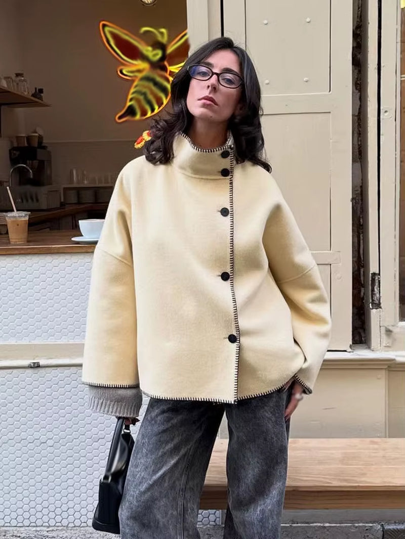 Woman Autumn Fashion Loose Coat Women Casual Coat Long Sleeve Turtleneck Single-Breasted Decorate Solid Street Style Jackets