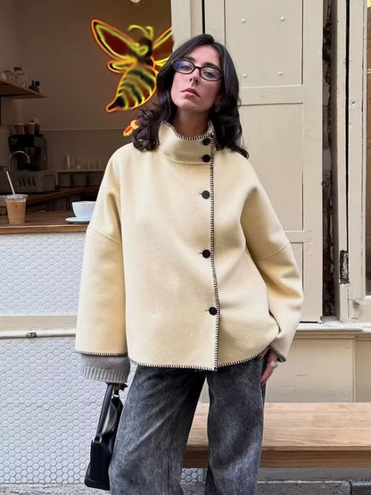 Woman Autumn Fashion Loose Coat Women Casual Coat Long Sleeve Turtleneck Single-Breasted Decorate Solid Street Style Jackets