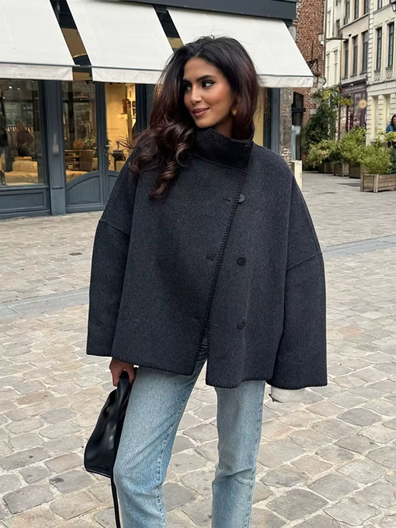 Woman Autumn Fashion Loose Coat Women Casual Coat Long Sleeve Turtleneck Single-Breasted Decorate Solid Street Style Jackets