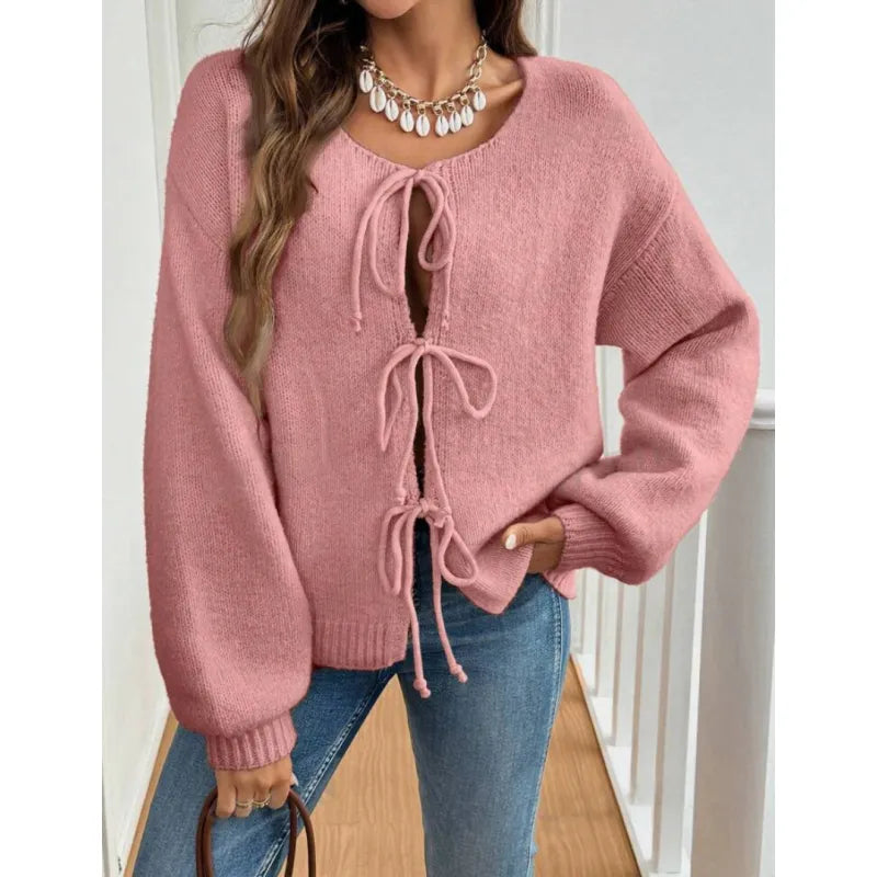 Women's Casual Loose Cardigan Lace-up Solid Color Sweater