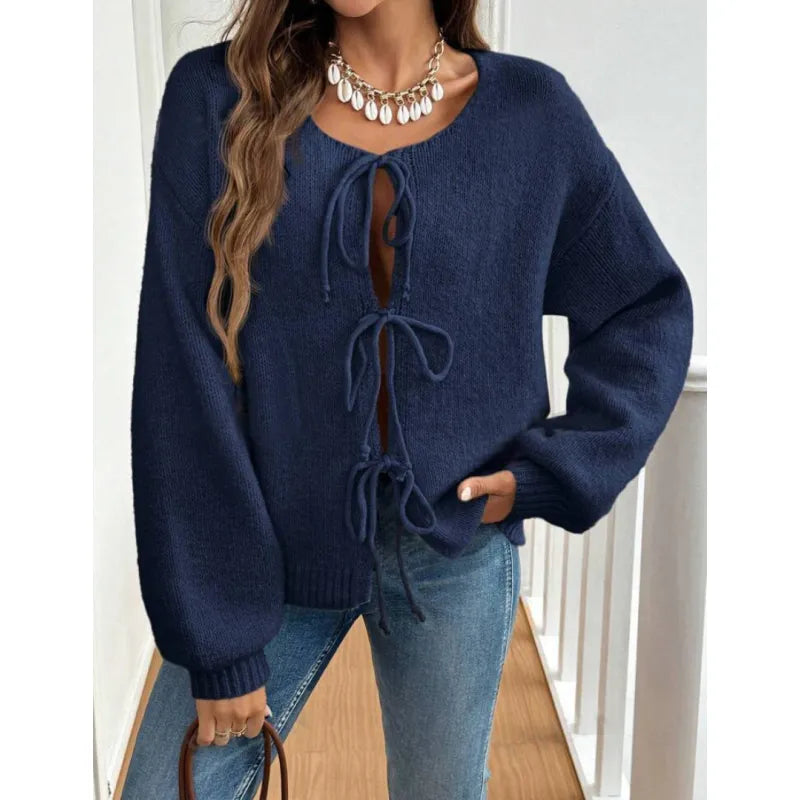 Women's Casual Loose Cardigan Lace-up Solid Color Sweater