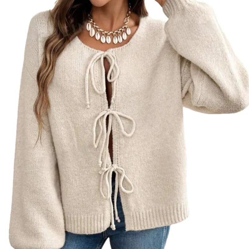 Women's Casual Loose Cardigan Lace-up Solid Color Sweater