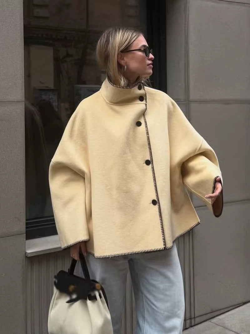 Woman Autumn Fashion Loose Coat Women Casual Coat Long Sleeve Turtleneck Single-Breasted Decorate Solid Street Style Jackets