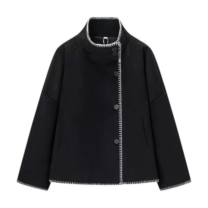 Woman Autumn Fashion Loose Coat Women Casual Coat Long Sleeve Turtleneck Single-Breasted Decorate Solid Street Style Jackets